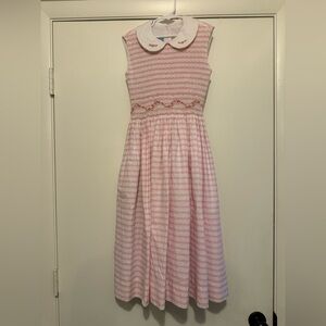 Anavini hand smocked Pink Striped Sleeveless long Kids Dress